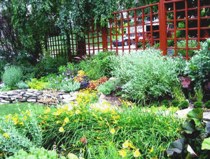 Colorful garden fence creates a border and adds character in this Main Line, PA garden. (By Aardweg Landscaping, Newtown Square, PA)