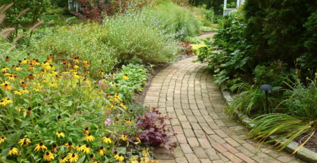 a walkway lined with flowers and plants
